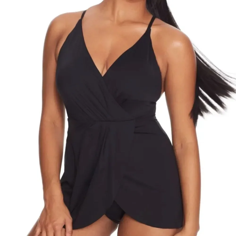 Anne Cole Swim Dress With Skirted Bottom Black For Women's Size 16